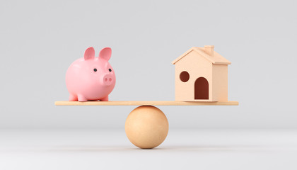 Pink piggy bank and house on wooden scales on a white background. 3d rendering illustration.