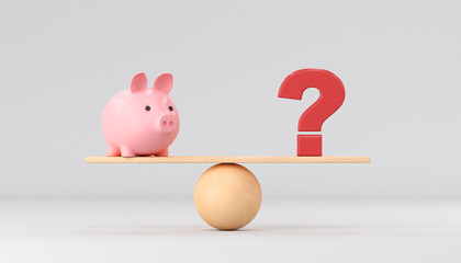 Piggy bank and question mark on the scales on a white background. 3d render illustration.