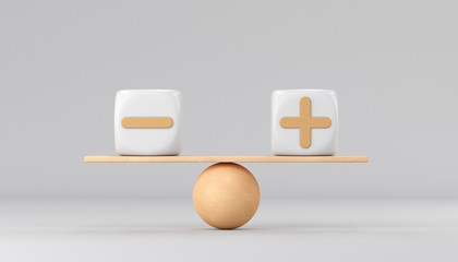 Two cubes plus and minus signs on wooden scales on a white background. 3d render illustration.