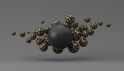 Many black shiny spheres with gold percent on black background. 3D render illustration.