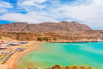 Sea skyview landscape photo of Agia Agathi beach near Feraklos castle on Rhodes island, Dodecanese,...