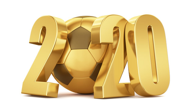 New Year. Golden soccer ball with gold numbers 2020 on a white background. 3d rendering.