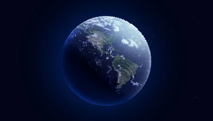 Gordijnen Gepixelde aarde, 3D-blokken planeet, digitale wereld abstracte speelgoedplaneet in de ruimte, gecentreerd. (Elementen van deze afbeelding geleverd door NASA) © Yotam And Sons