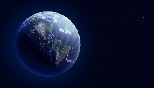 Pixelated Earth, 3D blocks planet, digital world abstract toy planet in space, aligned right. (Elements of this image furnished by NASA)