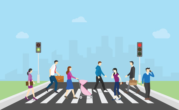 Pedestrian Walk Cross Street With Team People And Traffic Light And City Background With Modern Flat Style - Vector