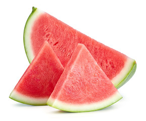 Slices of watermelon fruit isolated on white background. Watermelon clipping path. Watermelon professional studio macro shooting