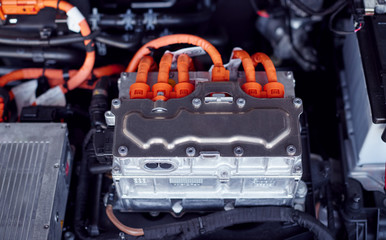 Close Up Of Electric Motor In Engine Bay Of Environmentally Friendly Zero Emission Electric Car