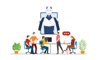 ai artificial intelligence robot team developer programmer with script technology discussion with modern flat style - vector