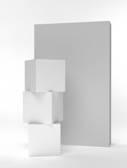 Blank Stacked Cubes. White Three Boxes With Board Wall. 3D render