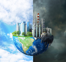 concept of global disaster. The contrast between pure nature, bright sky, trees and polluting cities, with large buildings and plants destroying the ecology of our planet. 3d illustration - obrazy, fototapety, plakaty