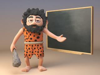 Funny 3d caveman character teaching at the blackboard, 3d illustration