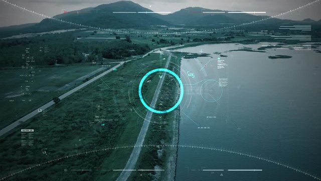 Aerial view scenic landscape of the reservoir dam and drone user interface with graph bar scale for cyber and futuristic concept with dark and grain processed