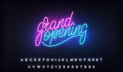 Grand opening neon. Glowing lettering neon billboard sign for opening ceremony