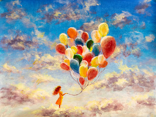 Oil painting young woman girl with multicolored balloons stands on cloud in sky. Art happiness concept artwork, happy people on canvas - obrazy, fototapety, plakaty