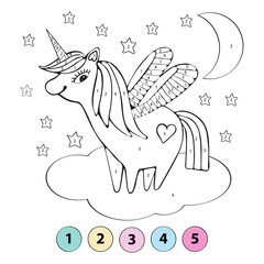 Educational children game. Color the picture by number. Coloring book. A cute unicorn flies on a cloud among the stars. Vector hand drawn illustration