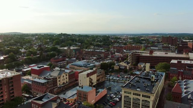 Aerial Dolly Shot Of Lancaster, Pennsylvania, USA And Prince Street, Fulton Theater Opera House