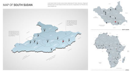 Vector set of South Sudan country.  Isometric 3d map, South Sudan map, Africa map - with region, state names and city names.