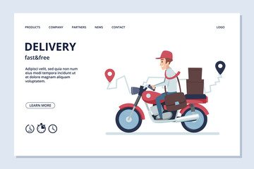 Delivery vector banner. Delivery man on motorcycle with parcels. Fast and free express, quick motorbike illustration