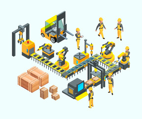 Factory isometric. Industrial machinery production electronics technology manufacturing vector concept of factory. Illustration isometric production, factory machinery industry