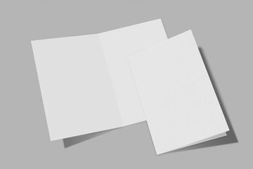 Two Mockup vertical booklet, brochure, invitation isolated on a grey background with hard cover and realistic shadow. 3D rendering.