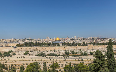 Jerusalem old city viewed from the Mount of Olives, Jerusalem, Israel. Temple Mount and Dome of the Rock can be seen.