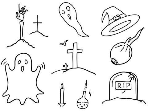 Set of Halloween spooky elements. Hand drawn outline vector doodles, silhouettes, cute and scary objects for adding to your work or print as a sticker.