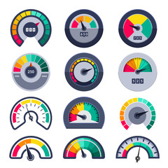 Speedometers symbols. Indicate level score meter indices measure vector templates. Illustration meter and level, gauge dial arrow