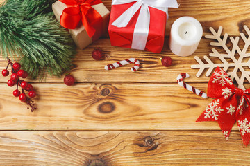 wrapped christmas gift boxes with ribbons on table