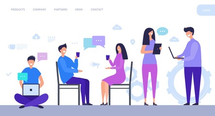 People communicate landing page. Women and men chat. Social media, communication vector page. Man and woman use internet and communication online