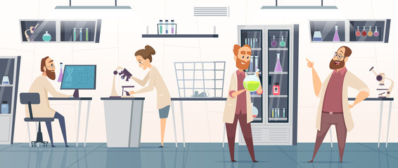Scientific laboratory. Interior modern chemical pharmaceutical medical lab with people working innovation technology vector background. Medical pharmaceutical lab, research chemical illustration