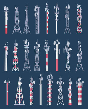 Wireless tower. Cellular wifi radio and tv cell communication towers with antena vector collection. Antenna radio communication, tower cellular network illustration