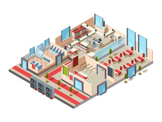Restaurant interior. Cafe kitchen hall toilets and room with furniture and equipment for making food vector isometric design. Cafe interior, restaurant with kitchen and hall illustration