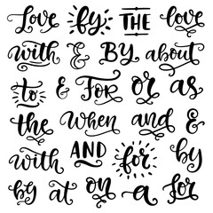 Vector handwritten catchwords and ampersands, conjunctions, prepositions vector set