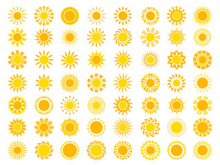 Sun collection. Yellow sunrise symbols nature vector stylized icon of sun. Illustration of set sun, sunshine yellow for weather app