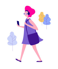 Woman with smartphone walking on the street. Flat cartoon character isolated on white background. Vector illustration.