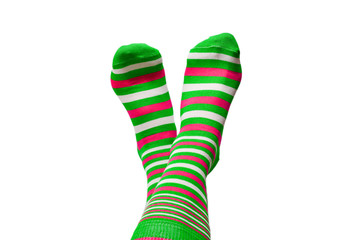 Woman in green socks isolated on white background. Top view.