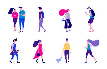 Vector illustration. People performing activity on the street - walking, running, going to the office. Group of male and female flat cartoon characters isolated on white background.