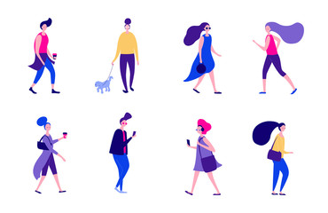 Vector illustration. People performing activity on the street - walking, running, going to the office. Group of male and female flat cartoon characters isolated on white background.