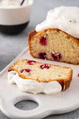 Cake with raspberries and whipped cream. Copy space.