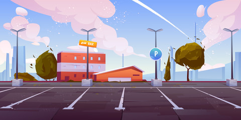 City street parking with parallel lots, empty car parking spaces on industrial outskirts with road sign, bar signpost on lamppost, urban infrastructure for automobiles cartoon vector illustration © vectorpouch
