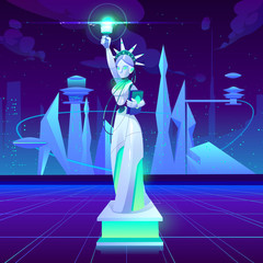 Statue of Liberty neon city sci-fy background, New York monument in synth retro wave style. Usa culture ladmark, fantastic buildings, virtual reality futuristi tourism Cartoon vector illustration