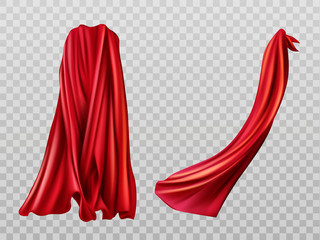 Red cloaks set. Silk flattering capes back and side view isolated on transparent background. Carnival, masquerade dress, superhero costume design element. 3d realistic vector illustration, clip art