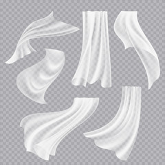 Flying curtains. White blank clothes transparent fabric decorative twisted flowing silk with folds vector realistic. Curtain flying realistic, flowing silk transparent illustration