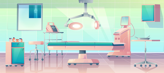Surgery room with operating medical equipment. Empty hospital interior with medicine life support system for emergency operation. Clinic surgical stuff lamp, couch, devices Cartoon vector illustration