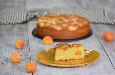 Slice of fresh baked apricot and almond pie dessert.
