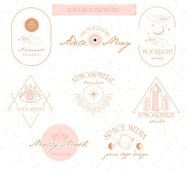 Collection of logos and icons in hand drawn style. Nature, Yoga, Skin care, Personal brand, psychology, astrology and esoteric concept illustration. Editable vector illustration.