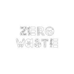 Zero waste logo or sign design template. Handwritten text title sign with green eco leaves. No plastic market.  Vector illustration  isolated on white background