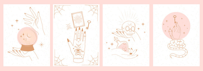 Collection of mystical and mysterious illustrations in hand drawn style. Skulls, animals, space objects, magic ball, crystals, hands. Minimalistic objects made in the style. 