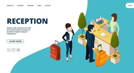 Reception web page. Isometric hotel info point landing. Vector people in hotel. Isometric hotel reception, people with luggage stay next table illustration