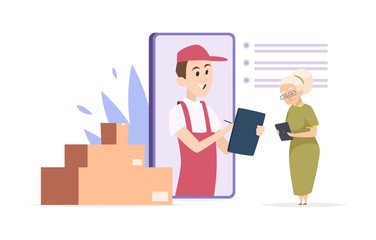 Online delivery concept. Vector delivery man, elderly woman, parcels. Online shopping illustration. Deliveryman carry in parcel, woman receive box